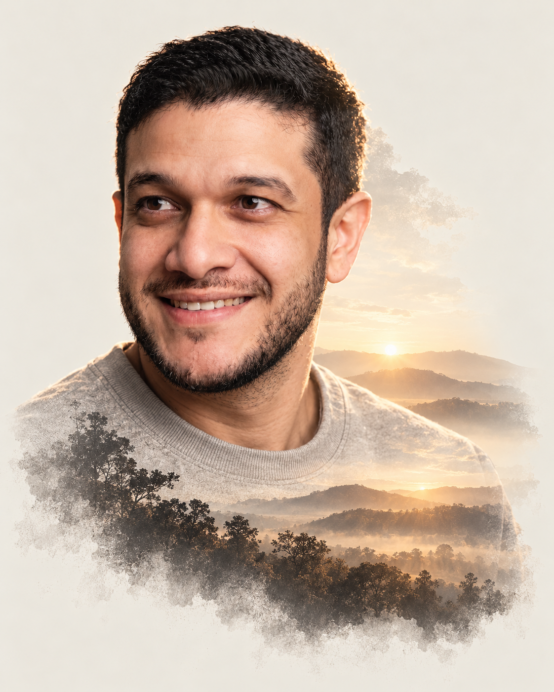 Retrato artístico de Pettrus com paisagem em dupla exposição